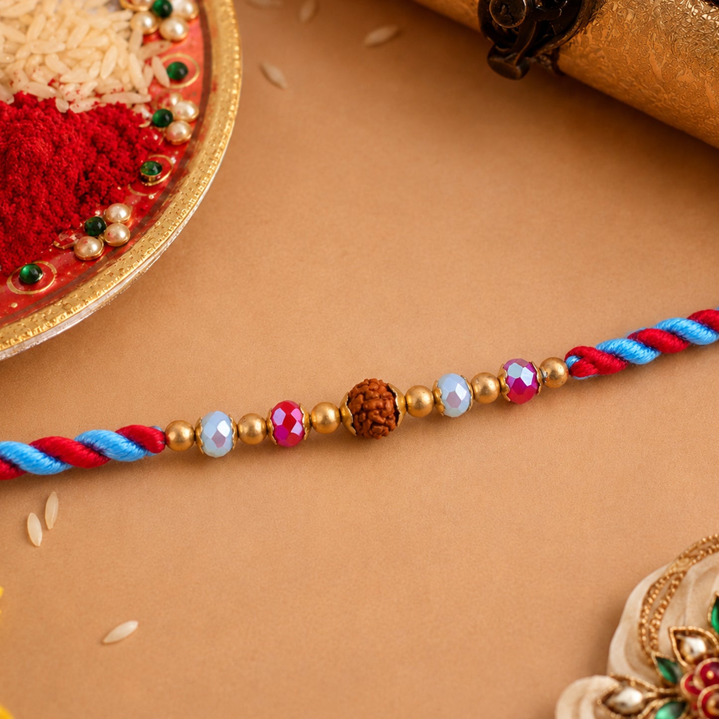 Beautiful Multicolor Designer Rakhi with Golden Centre and Cheerful Raksha Bandhan Style