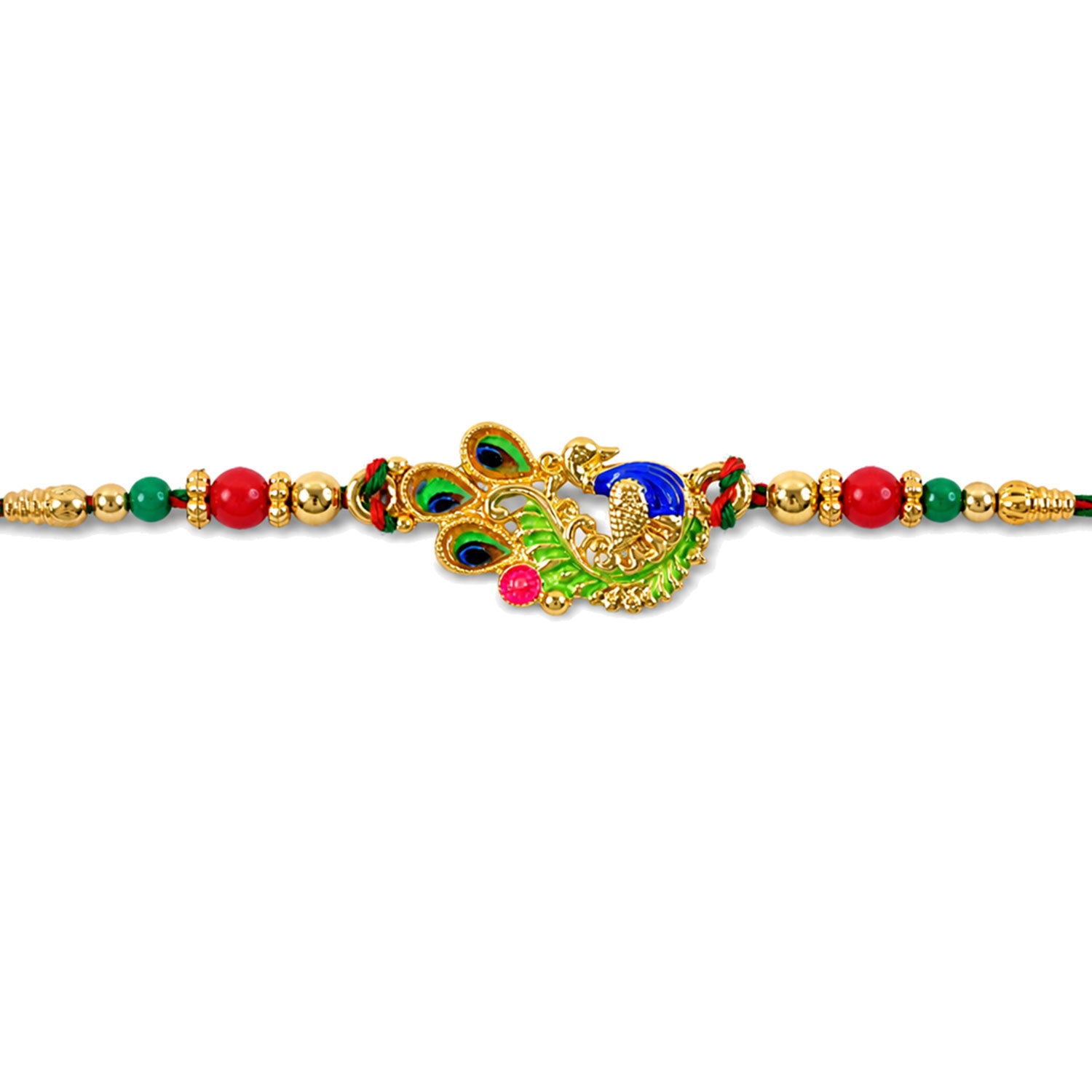 Green and Blue Peacock Enamel Pendant Rakhi with Red and Green Beads
