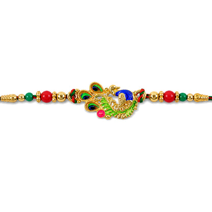 Green and Blue Peacock Enamel Pendant Rakhi with Red and Green Beads