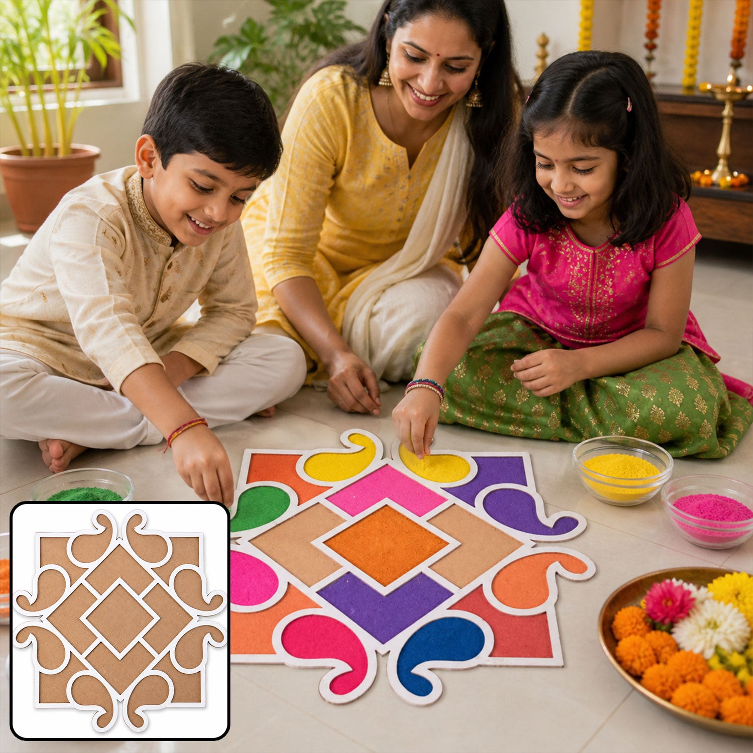 Square Shape Wooden Rangoli Stencil Board for Diwali, Pooja & Festive Floor Decor