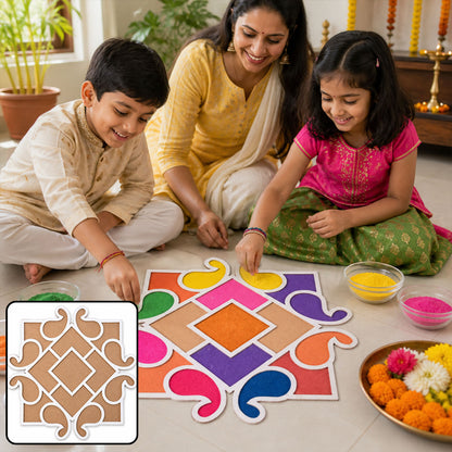 Square Shape Wooden Rangoli Stencil Board for Diwali, Pooja & Festive Floor Decor