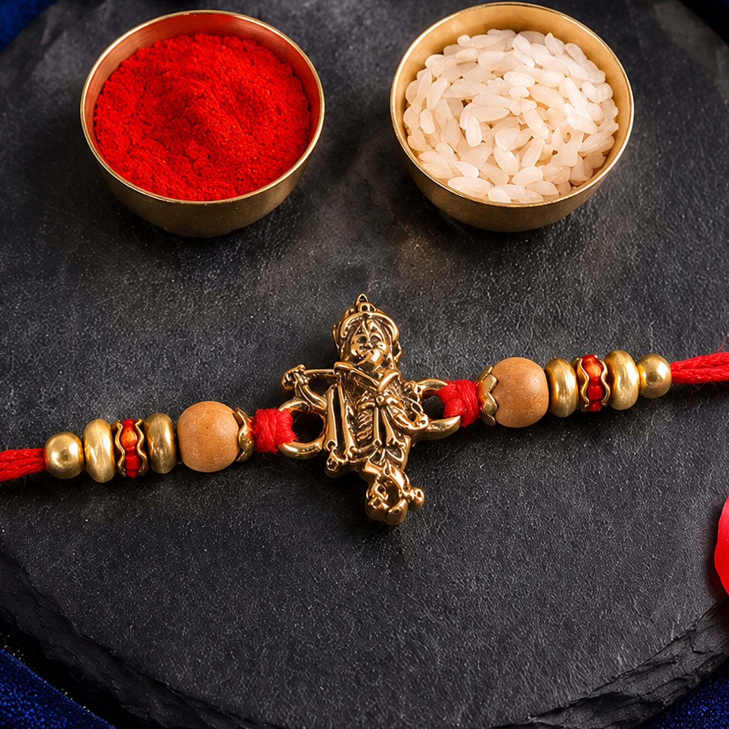 Krishna Flute Idol Devotional Rakhi with Golden Centre, Wooden Beads and Red Thread