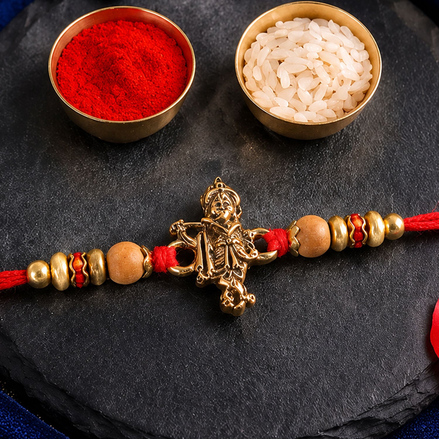 Krishna Flute Idol Devotional Rakhi with Golden Centre, Wooden Beads and Red Thread
