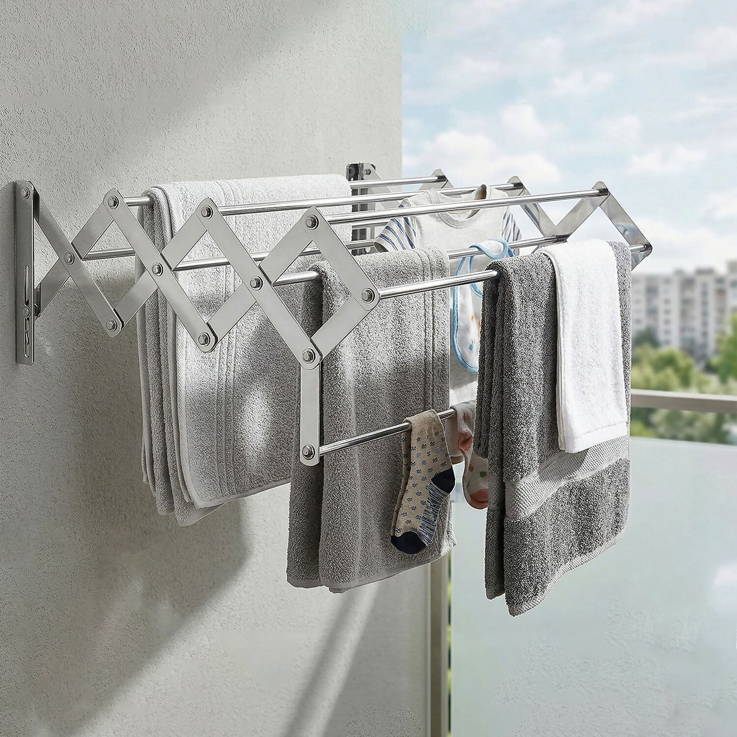 Foldable drying stand mounted on wall with clothes drying