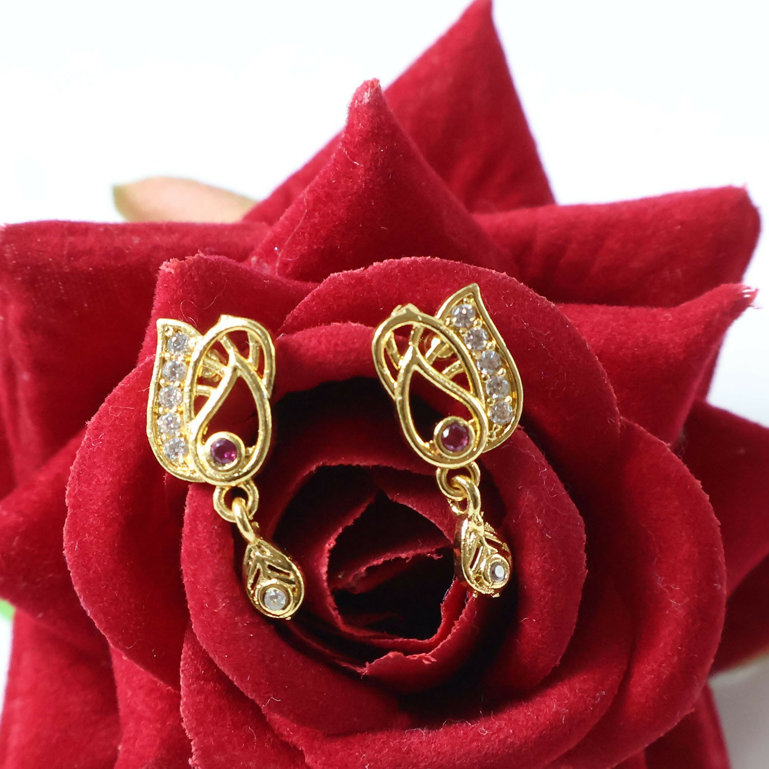 Elegant Gold Plated Stud Earrings with Ruby Accent & Drop Design