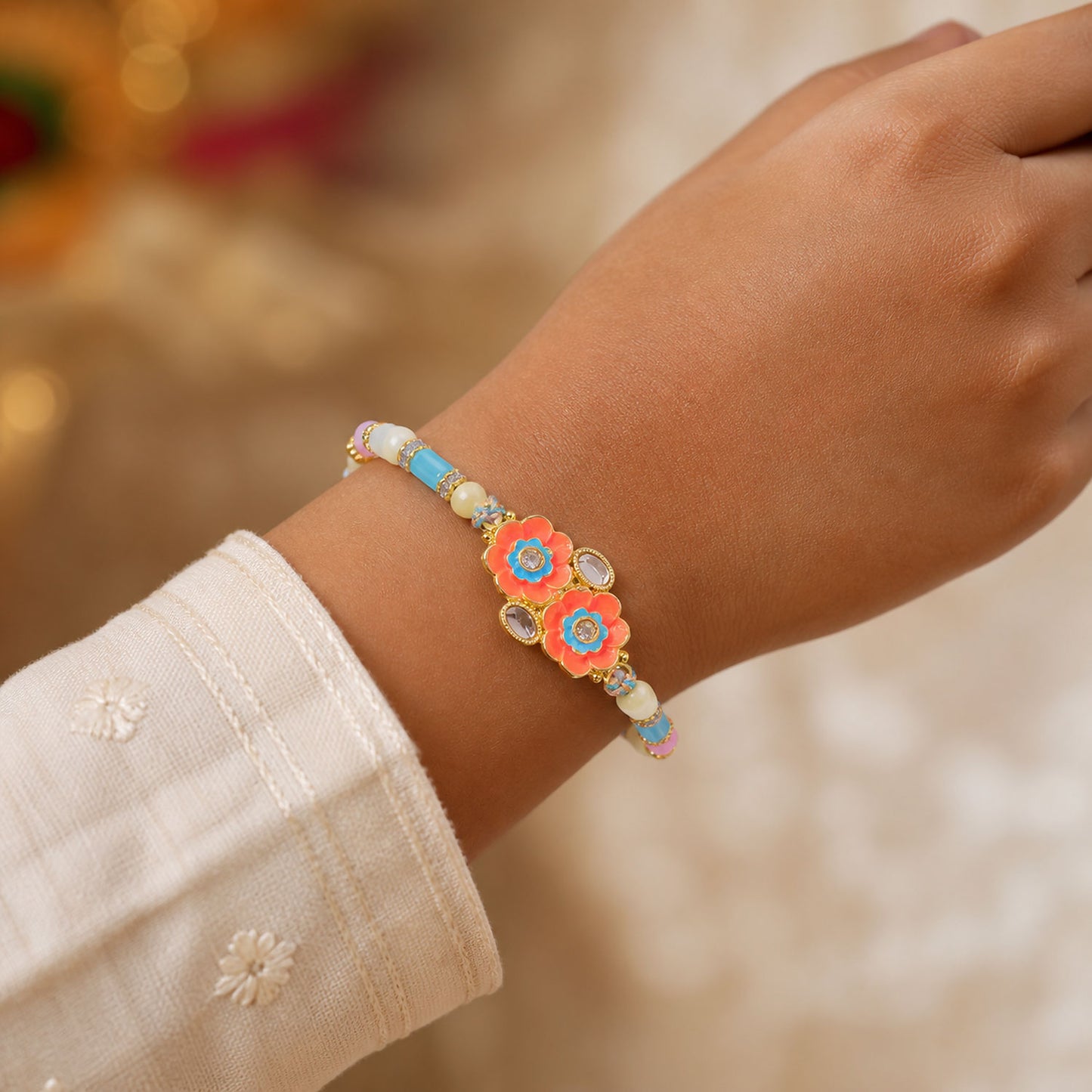 Ornate Rakhi with Butterfly Bloom Charm, multicolor stones and bead line for Gift Use