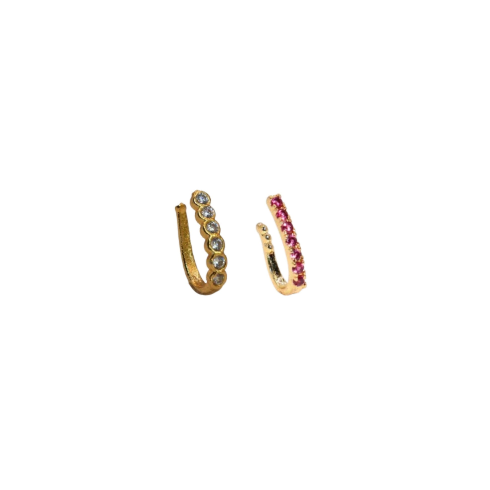Close-up of pink CZ stones on gold-tone clip-on nose jewelry piece