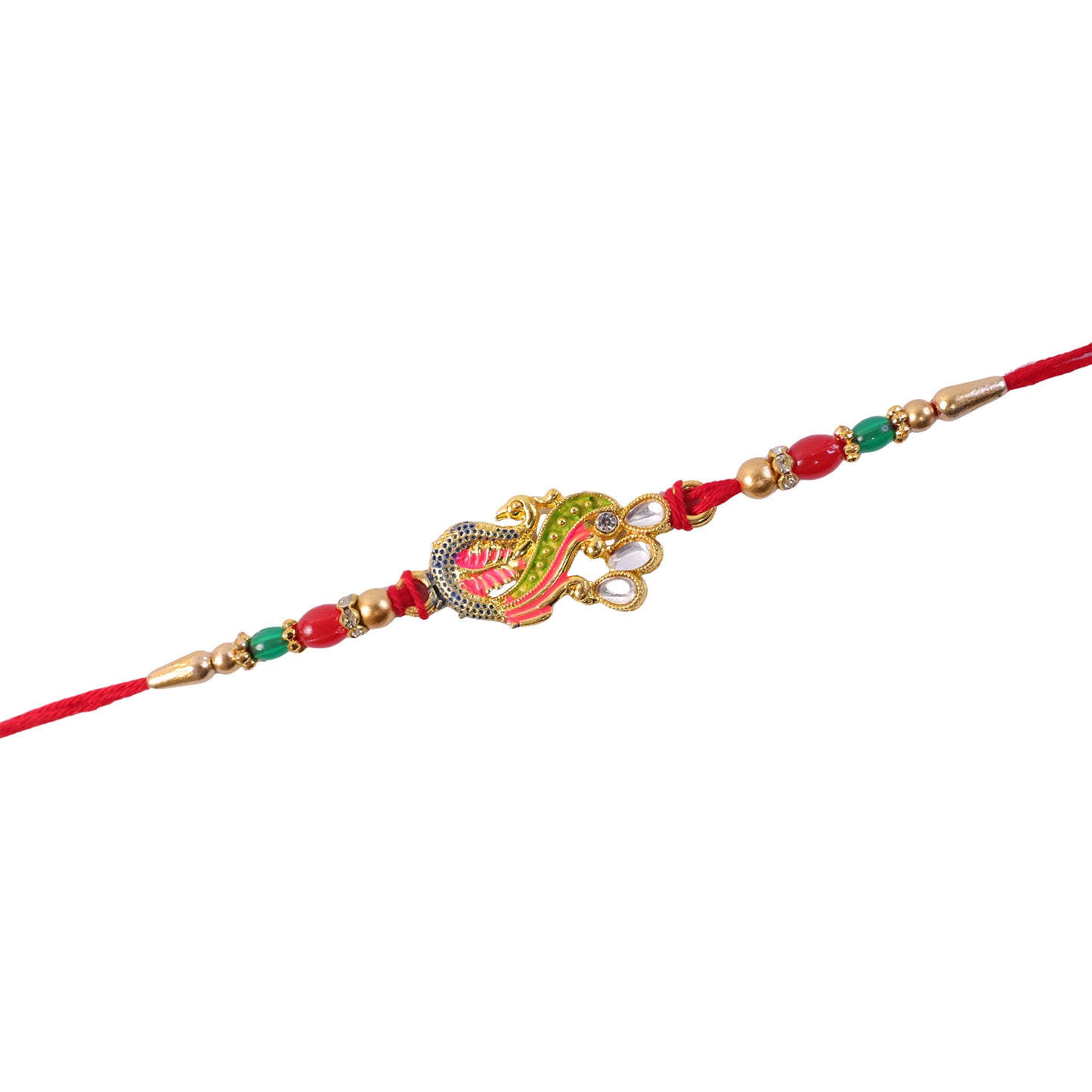 Enamel Peacock Pendant Rakhi with Red and Green Beads