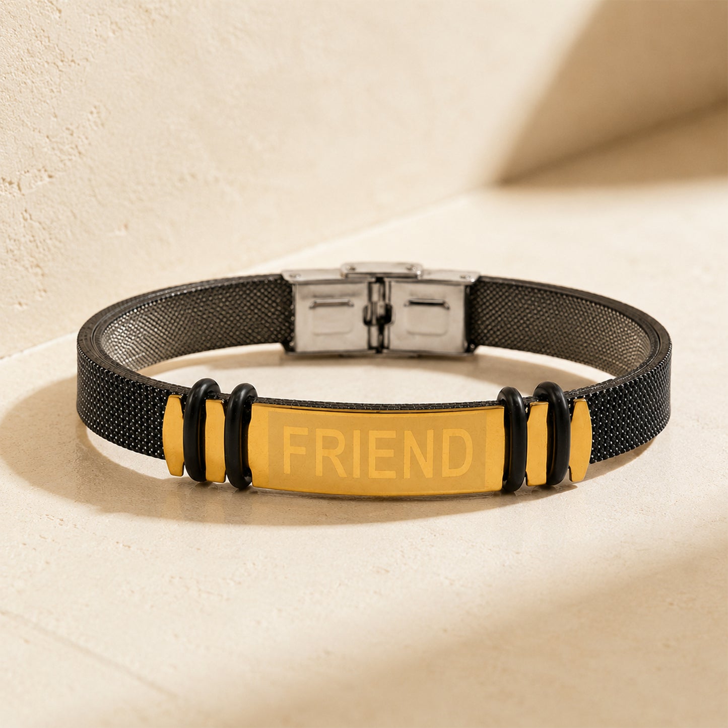 FRIEND Bracelet Rakhi with Black Band and Gold Name Plate for Raksha Bandhan Gift
