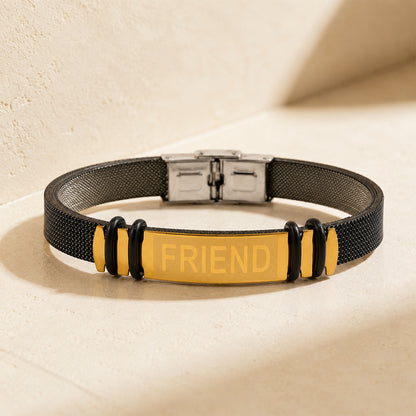 FRIEND Bracelet Rakhi with Black Band and Gold Name Plate for Raksha Bandhan Gift