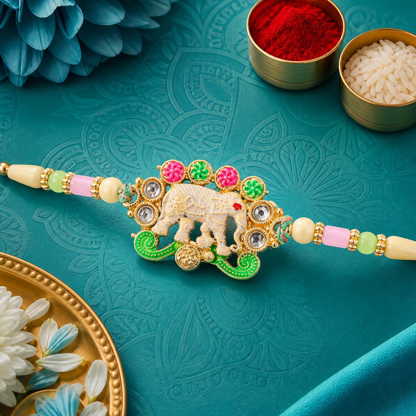 Festive Rakhi showcasing Elephant Charm, gold trims and display look for Gift Use