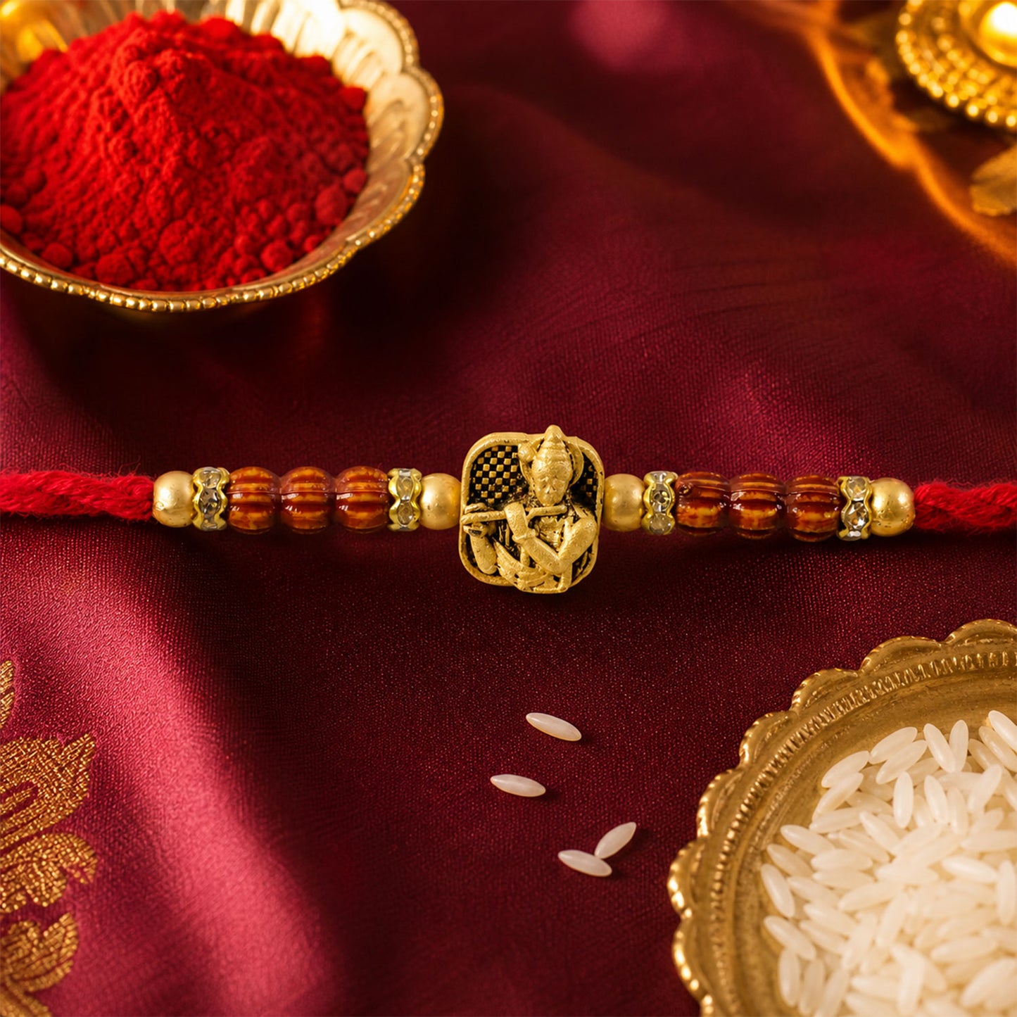 Red Beaded Rakhi with Antique Gold Krishna Charm and Wooden Beads