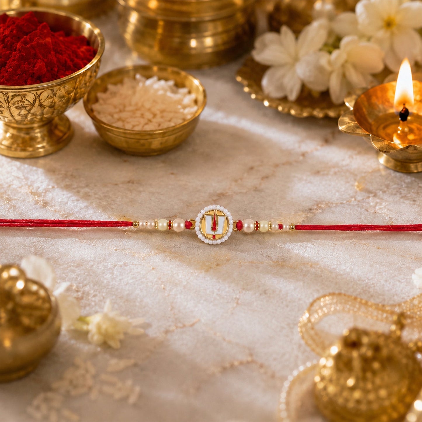 The devotional bracelet is centered on a light-colored, textured surface surrounded by traditional Indian decor, including