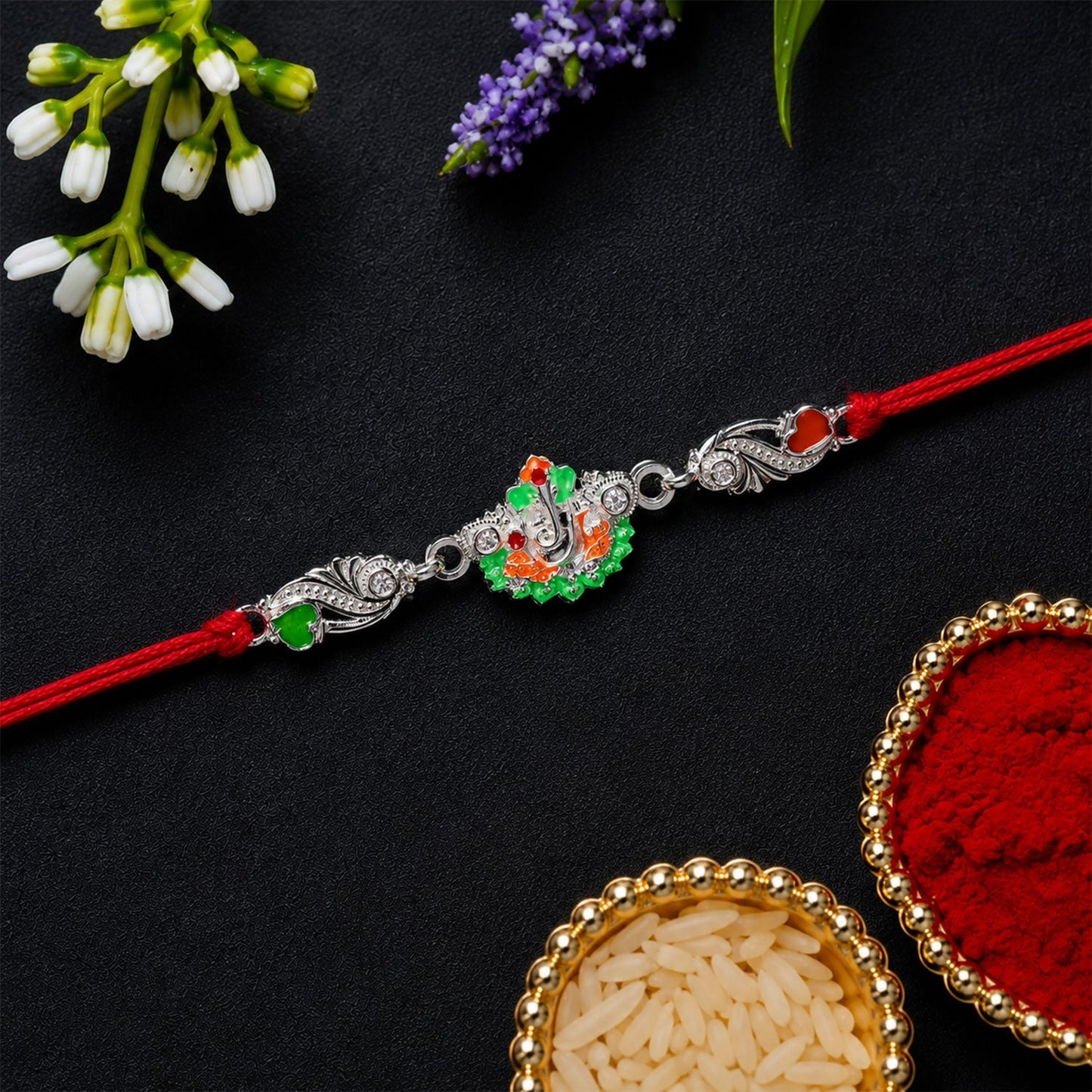 Rakhi Elegant Silver Ganesh Charm with Red Dori for Brother (5pcs)