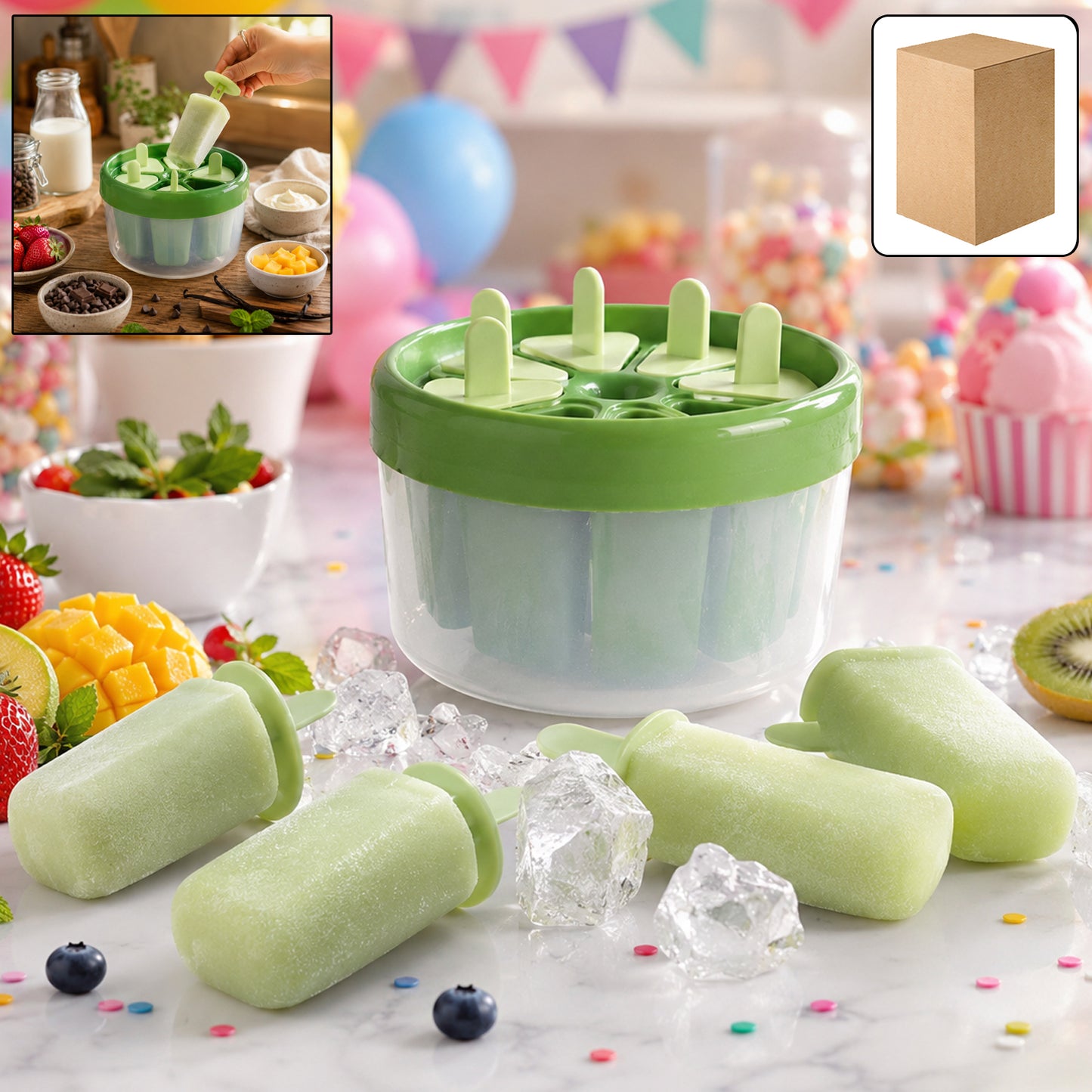 Plastic Ice Candy Popsicle Maker showing usage with frozen popsicles