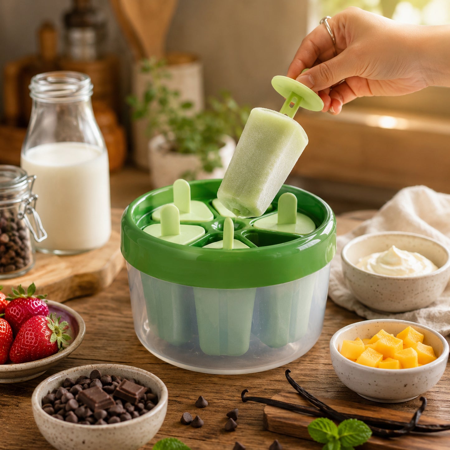 Pulling frozen popsicle from Plastic Ice Candy Popsicle Maker mold