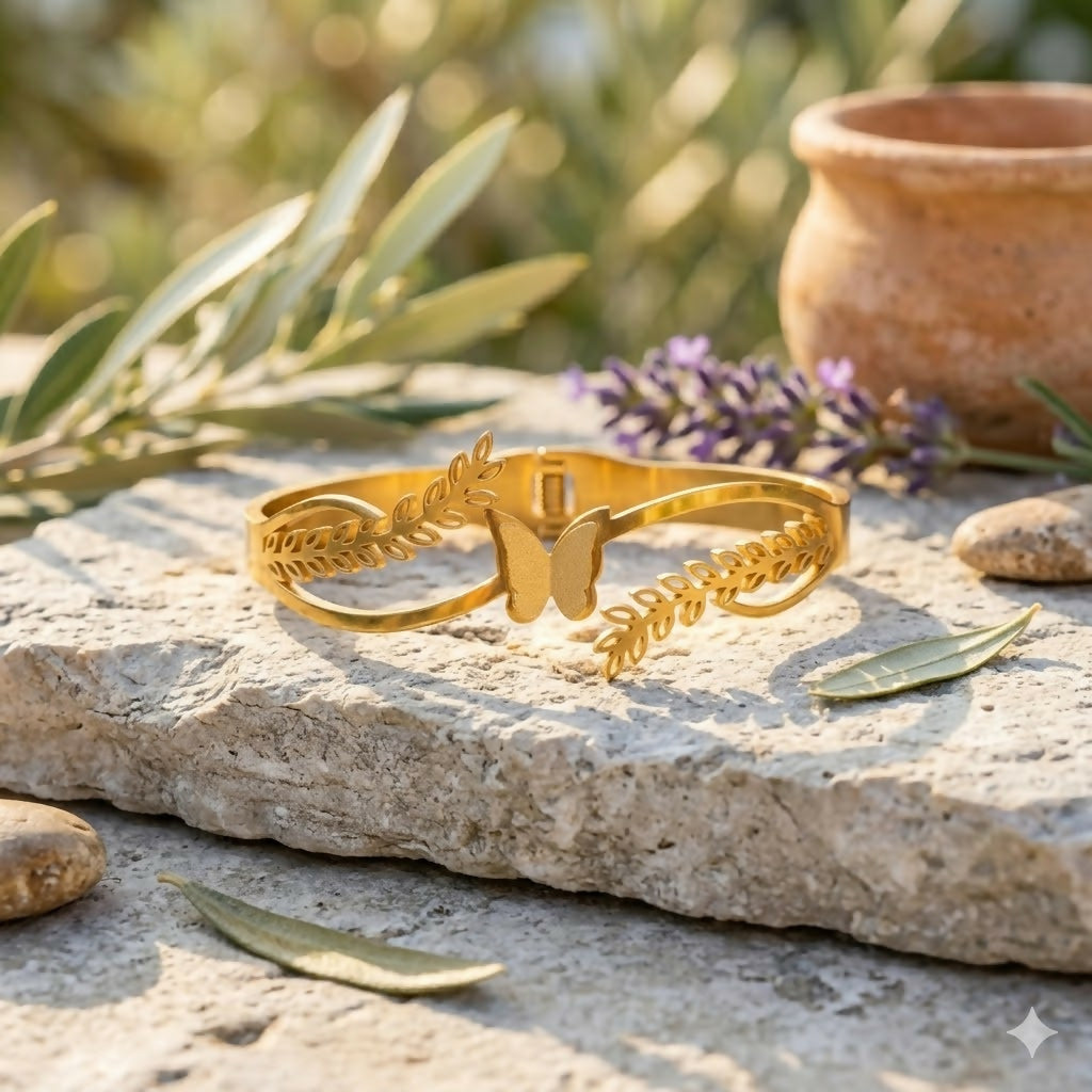 Detailed flower segments in botanical kada bracelet