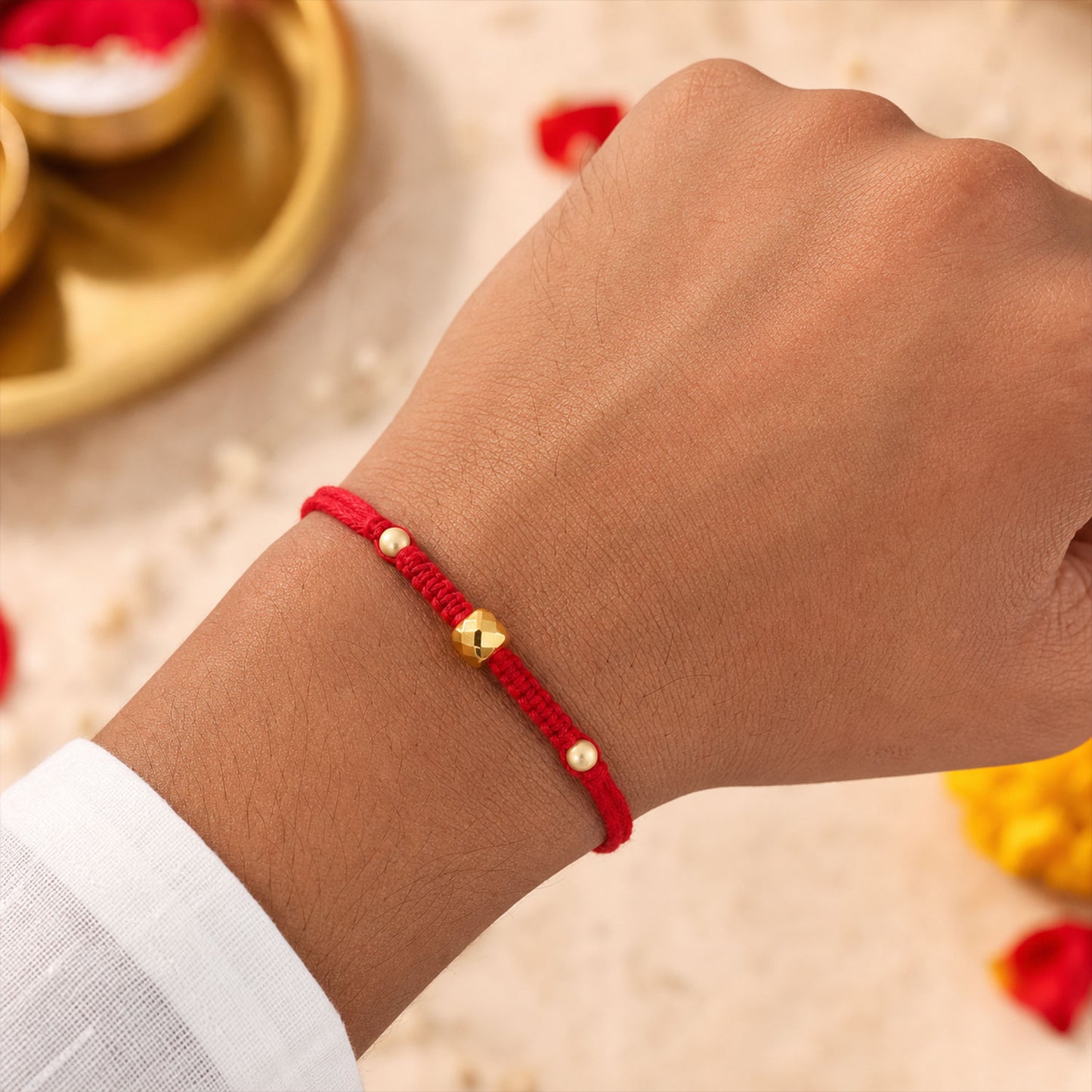 Red Braided Rakhi with a Bold Square Amber Crystal Bead Pendant