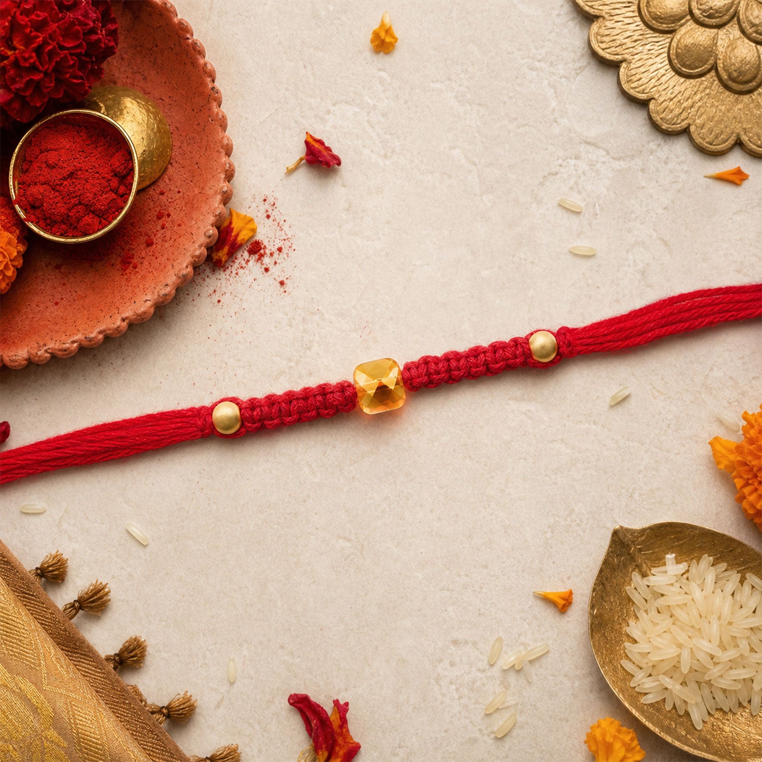Red Braided Rakhi with a Bold Square Amber Crystal Bead Pendant