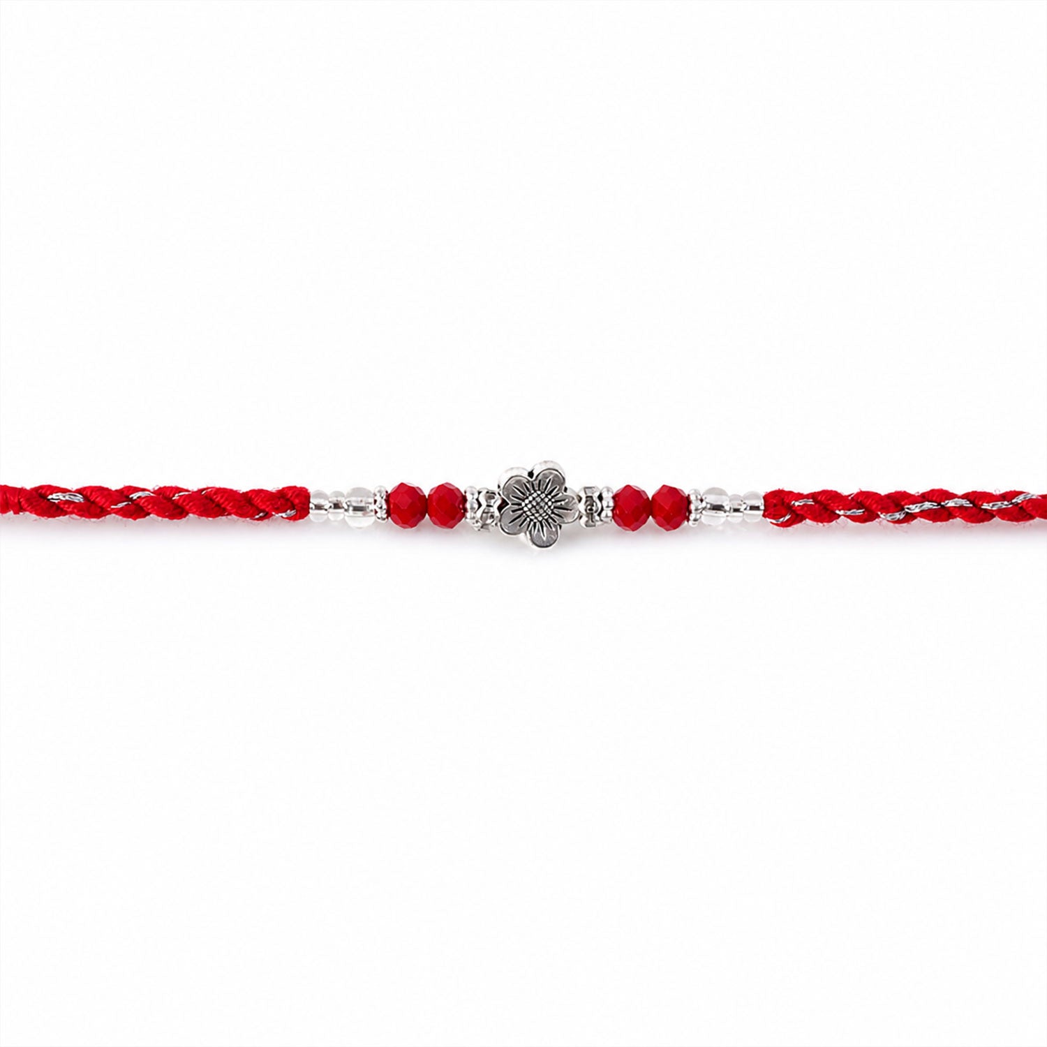 Red Braided Rakhi with Silver Flower Charm and Crystal Bead Accents