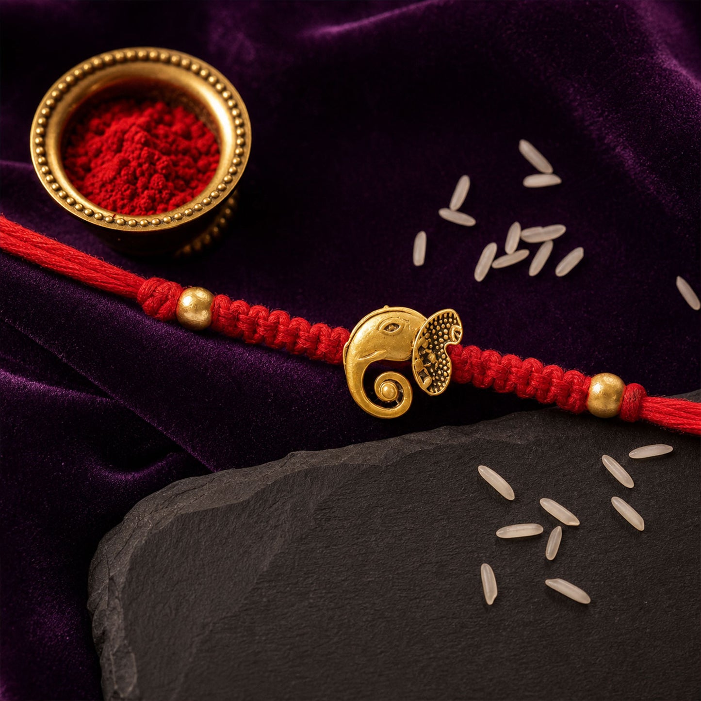 Red Thread Rakhi with Antique Gold Elephant-Shaped Charm Pendant