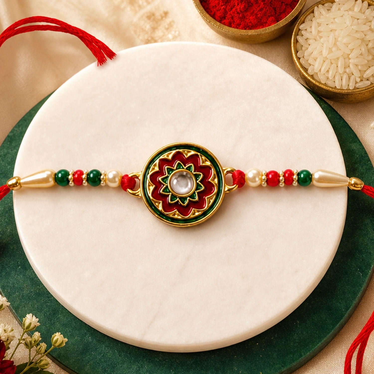 Floral Enamel Rakhi Set with Choco Almonds, Pack of 3