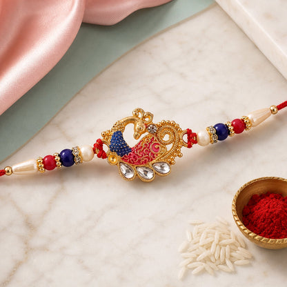 Peacock Kundan Beaded Designer Rakhi with Pearl Detail Work (5pcs)