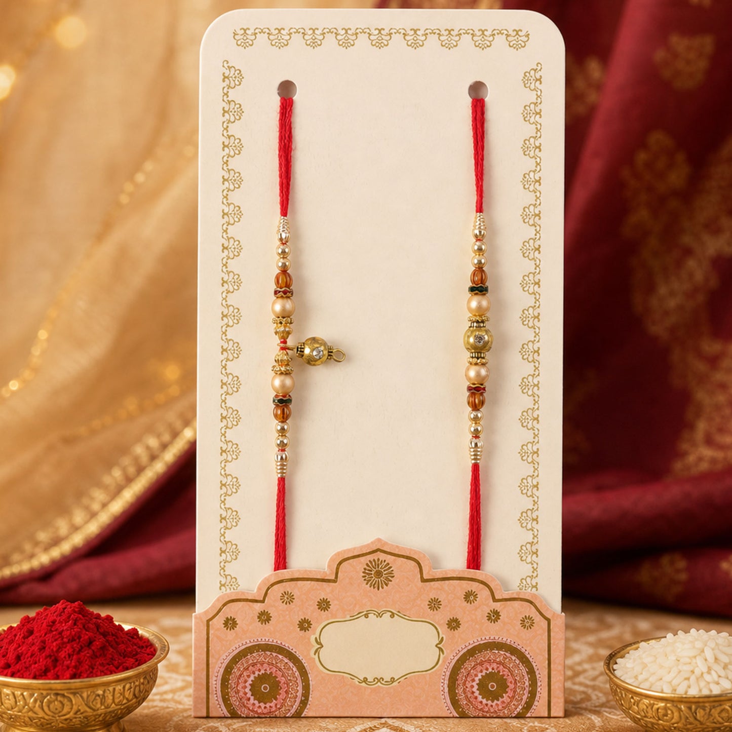 Golden Orb Couple Rakhi Set with Amber Beads and Hanging Charm for Bhaiya Bhabhi
