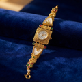 Gold Plated Bracelet Watch for Women Square Filigree Dial with Ruby Emerald Stones
