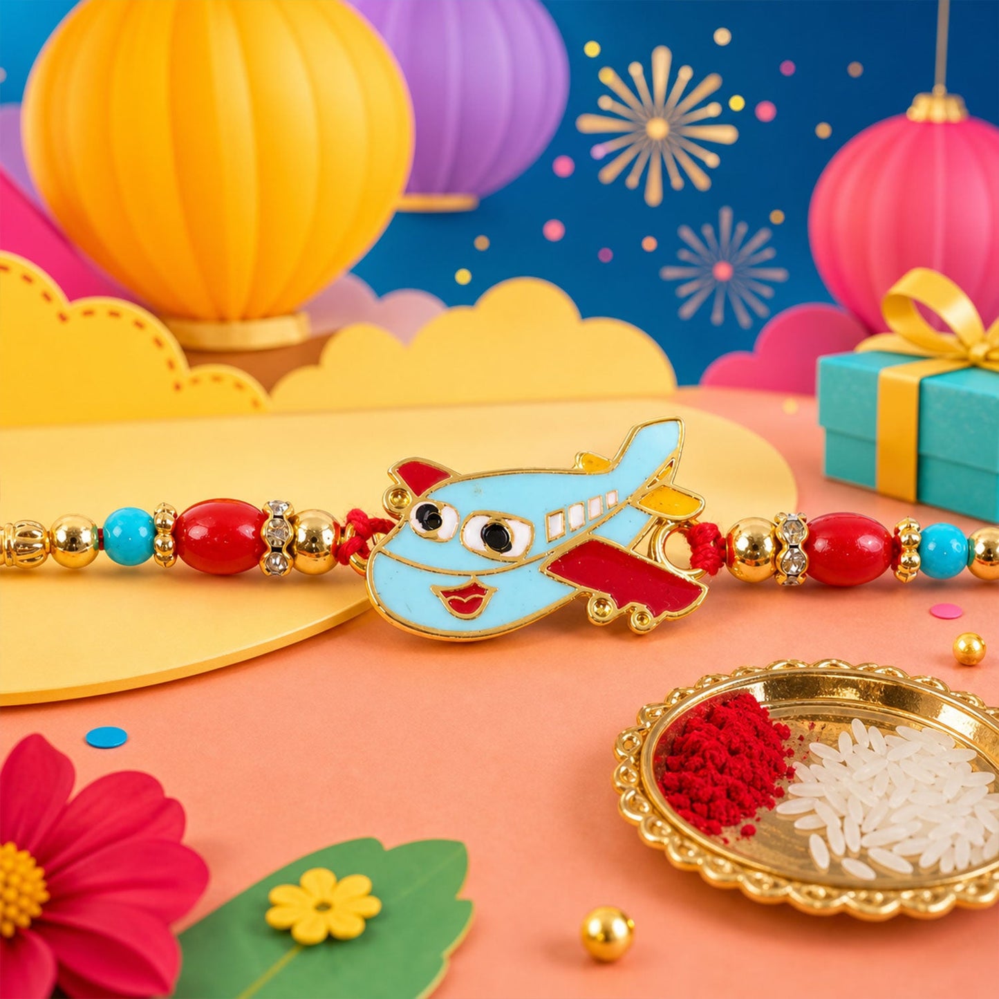 Kids Rakhi Playful Airplane Design Multicolor Beads (10pcs)