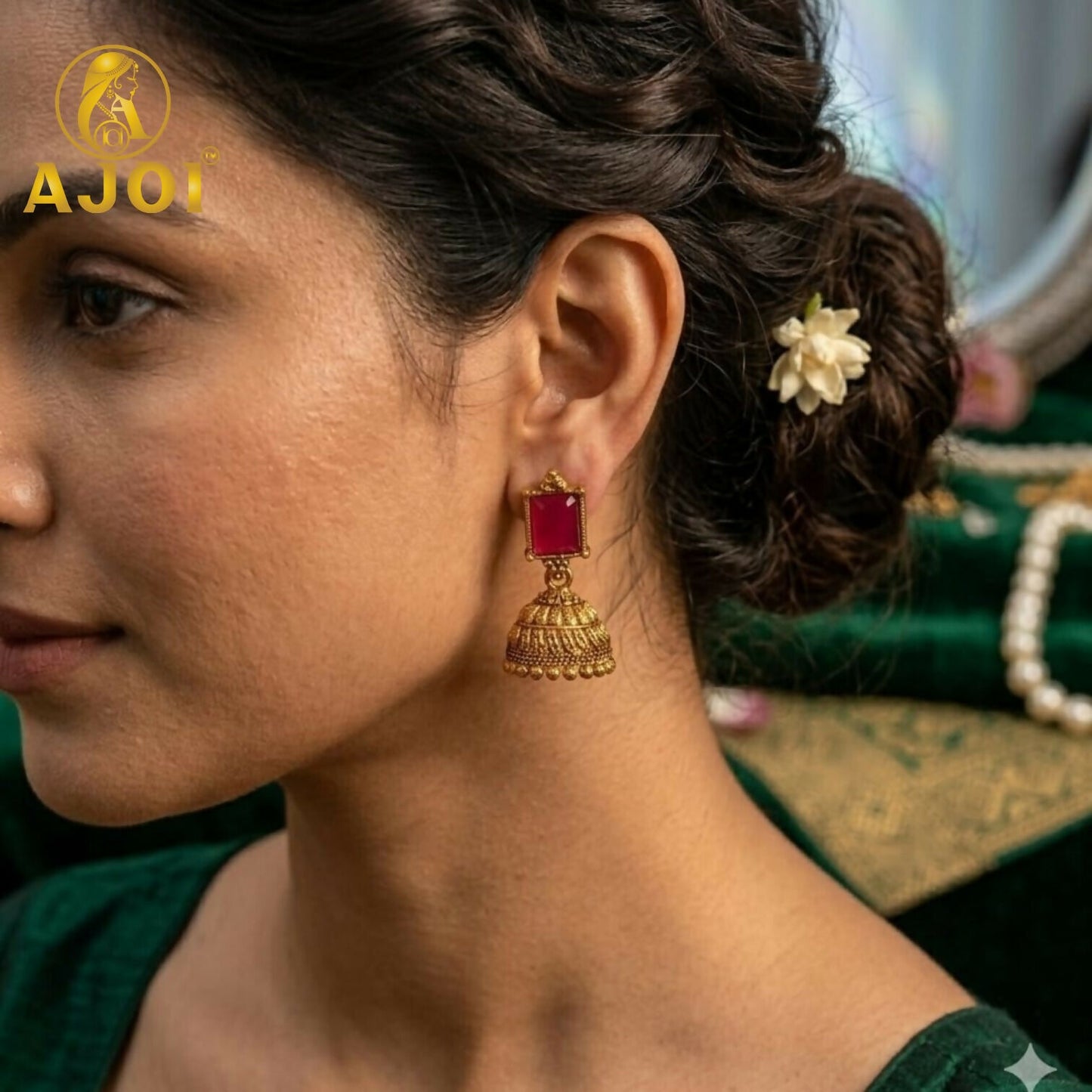 Close-up of temple gold earring with deity and floral motifs