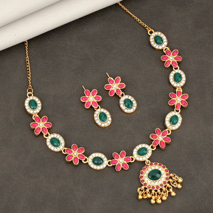 Traditional Gold-Toned Green-Pink Enamel Lotus Choker Set