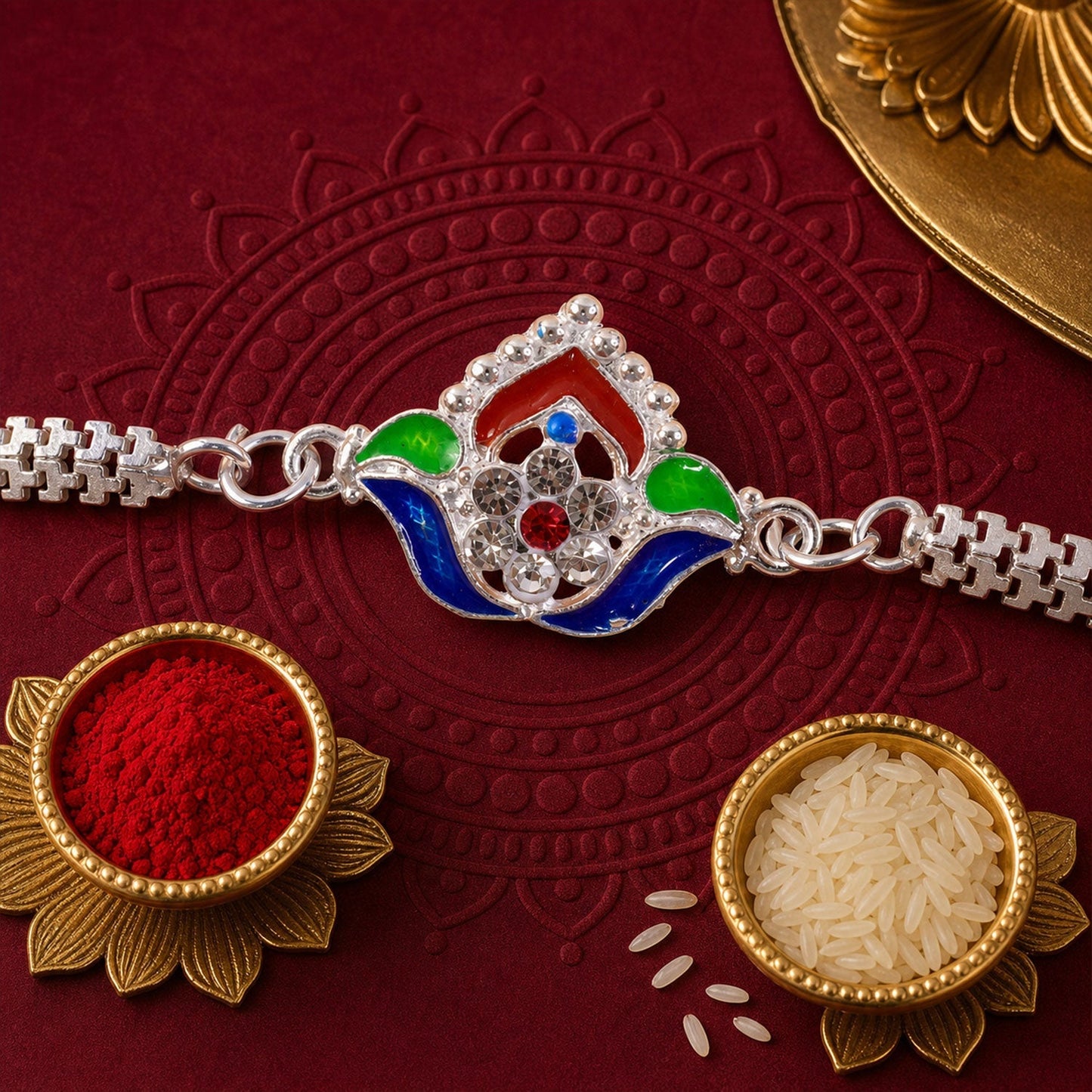 Lotus Meenakari Enamel Crystal Stone Silver Chain Designer Rakhi (10pcs)