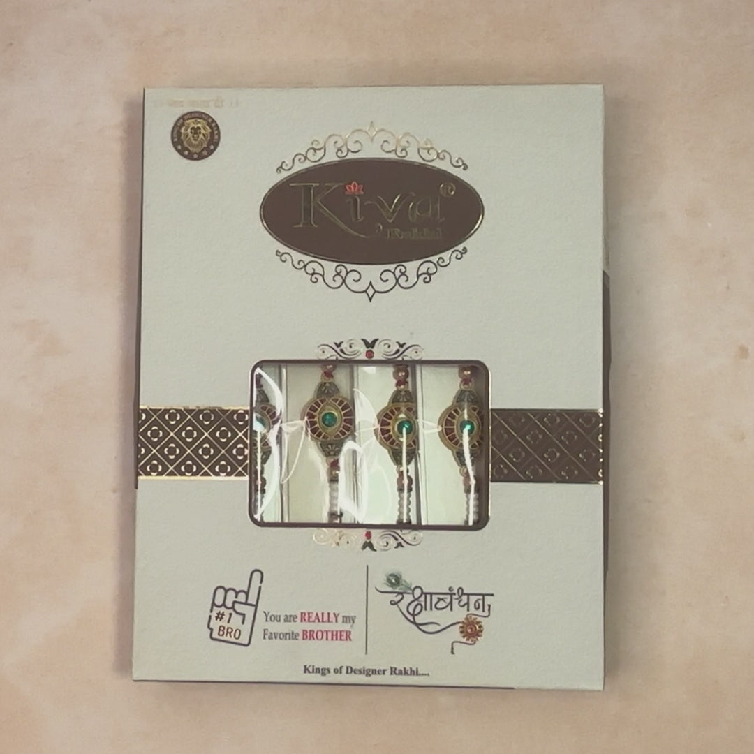 Combo Pack of 12 Designer Rakhis with Green Center Stone, Red Enamel Accents & Beaded Threads