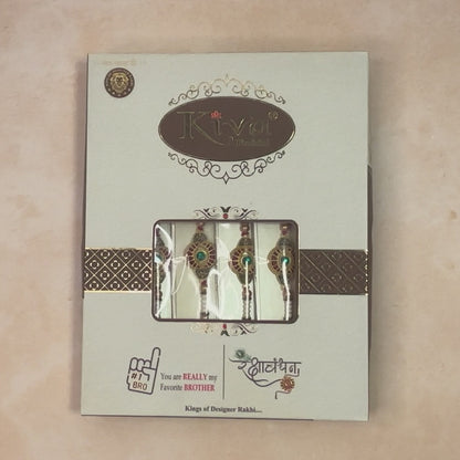 Combo Pack of 12 Designer Rakhis with Green Center Stone, Red Enamel Accents & Beaded Threads