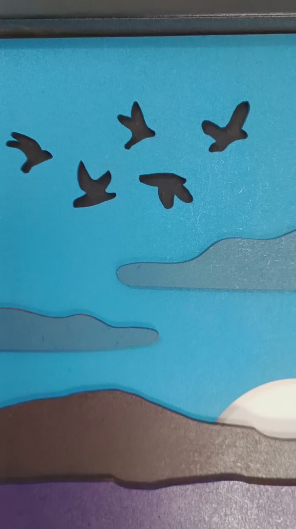 Handcrafted Wooden Mountain Wall Art – Nature Scene with Sun, Clouds & Birds | Minimal Landscape Wooden Frame | Eco-Friendly Wall Decor for Home & Office