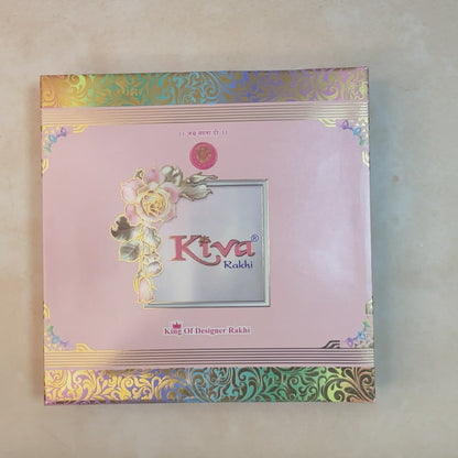 4 Pc Om Rakhi Set with Gold-Plated Dial, Pink & Red Beads – Premium Designer Gift Box for Raksha Bandhan