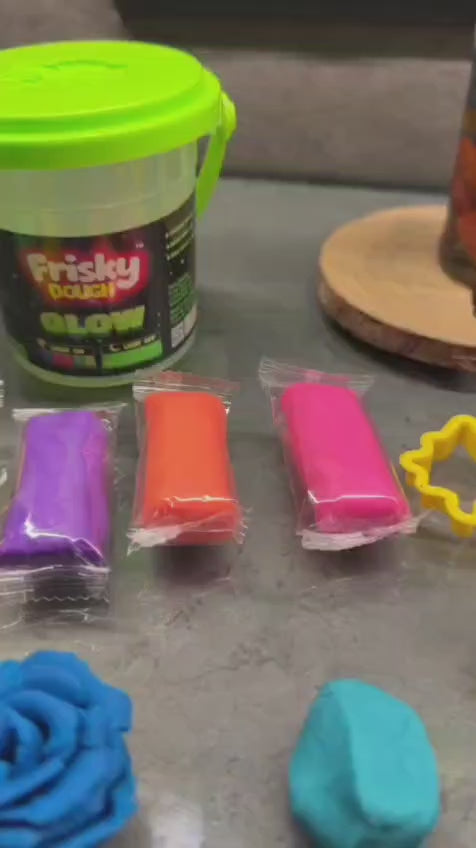 Glow Play Dough Bucket Set 120g with 6 Colour Doughs, Shape Molds & Roller for Kids