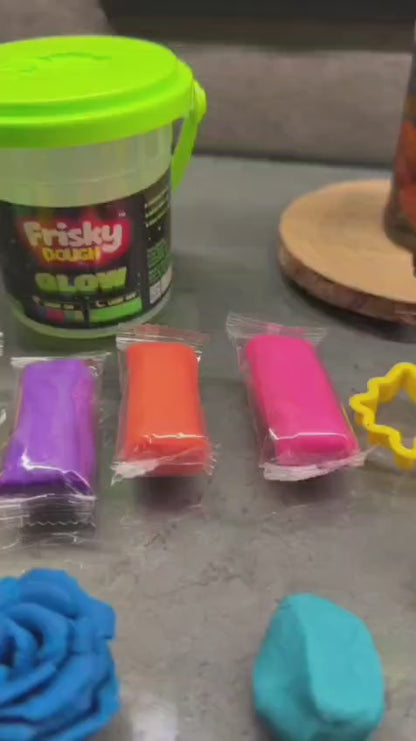 Glow Play Dough Bucket Set 120g with 6 Colour Doughs, Shape Molds & Roller for Kids