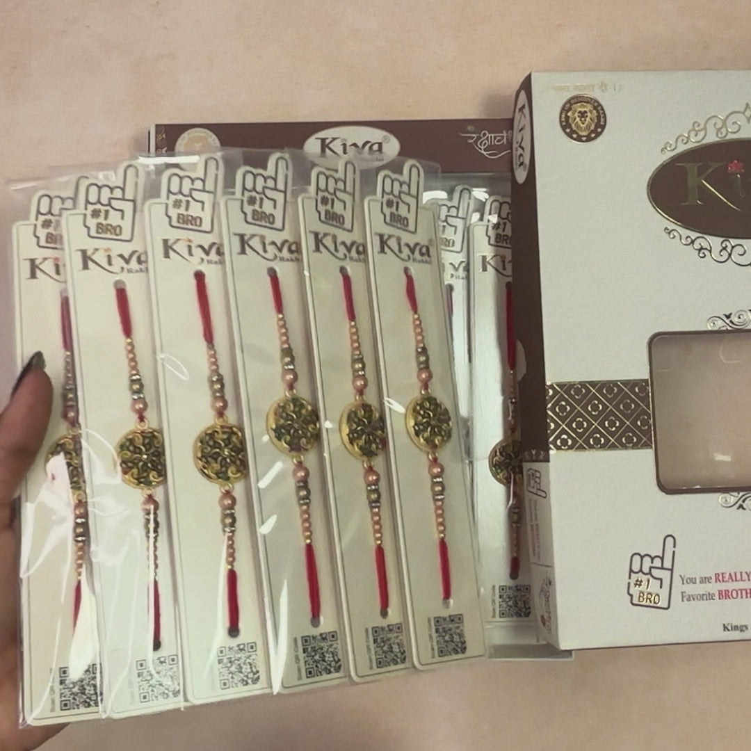 Combo Pack of 12 Antique Gold Swastik Rakhis with Beaded Thread and Multicolor Detailing