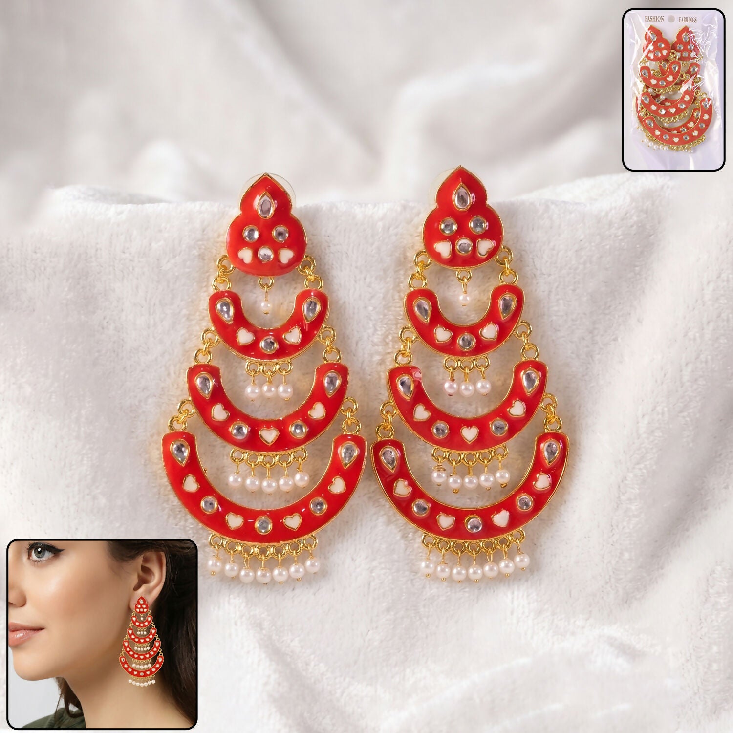 Peach Layered Chandbali Earrings with Pearl Drops for Women