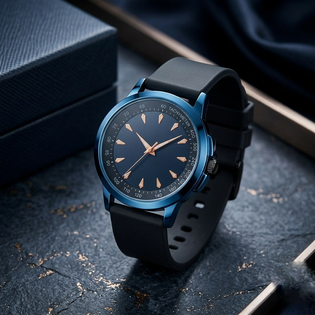 A blue-cased watch with a black rubber strap and golden hour markers sits on a dark, speckled surface next to a blue box.