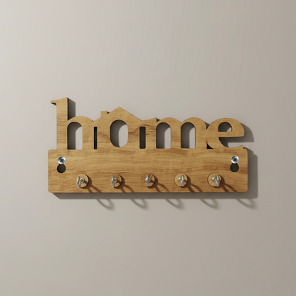 Wooden Key Holder for Wall “Home” – Handcrafted MDF Key Organizer with 5 Hooks | Decorative Wall Key Stand