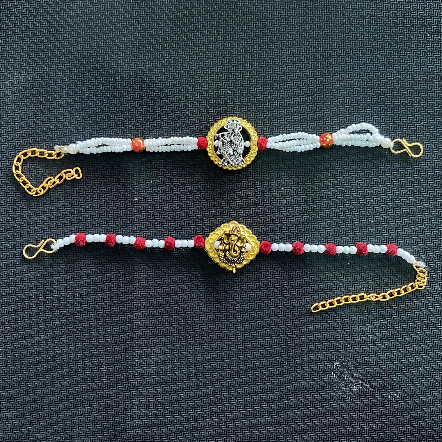 Premium Radha Krishna & Ganesh Designer Rakhi Set with Pearl Beads for Bhai - 2 rakhi in-use view for festive gifting rakhi