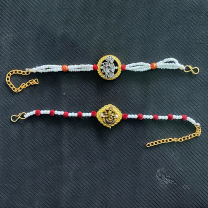 Premium Radha Krishna & Ganesh Designer Rakhi Set with Pearl Beads for Bhai - 2 rakhi in-use view for festive gifting rakhi