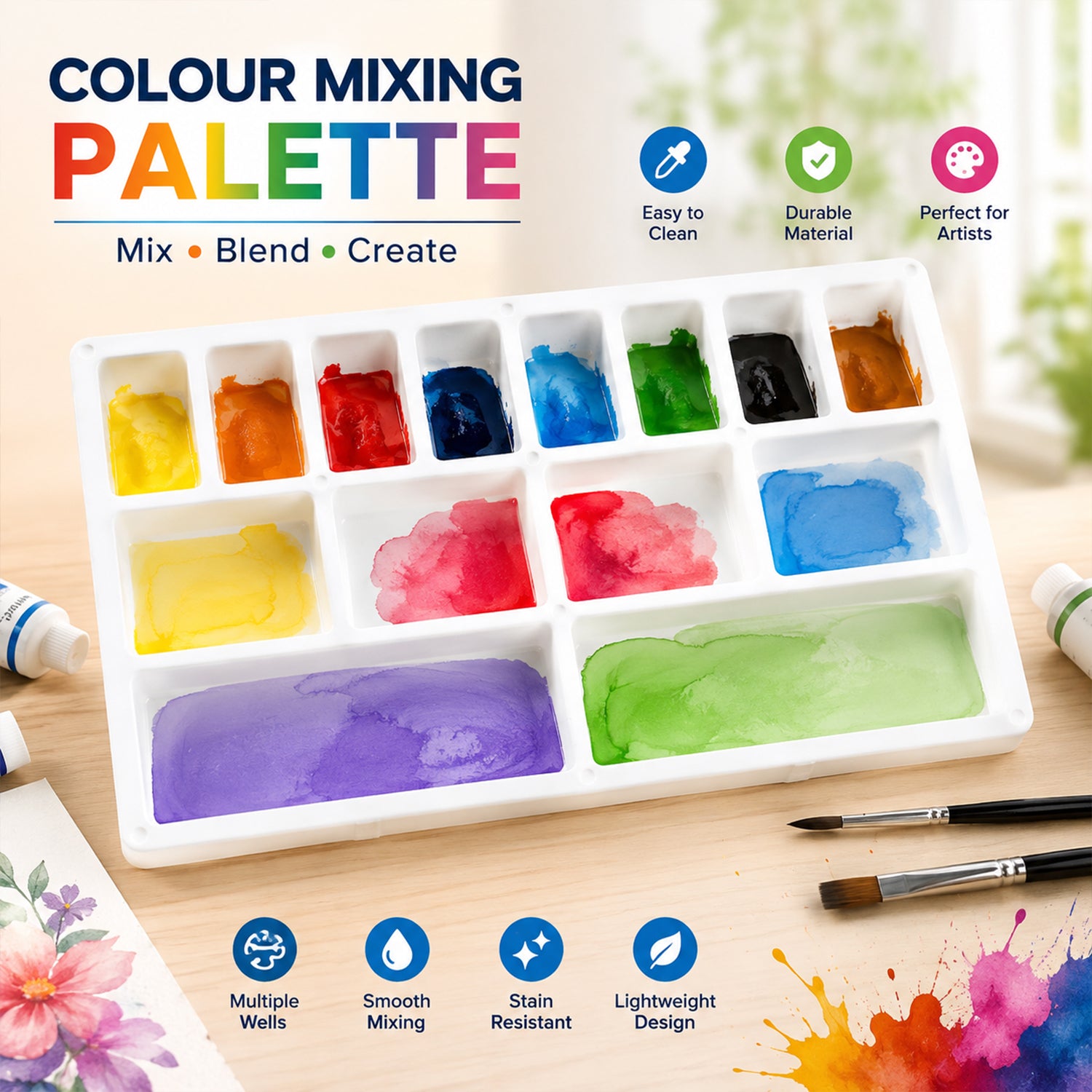 Small Rectangle Colour Mixing Plate Multi Well Paint Palette for Watercolour Artists