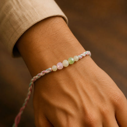 Pastel Pearl Bracelet Rakhi with Soft Pink Green Beads and Delicate Designer Beauty