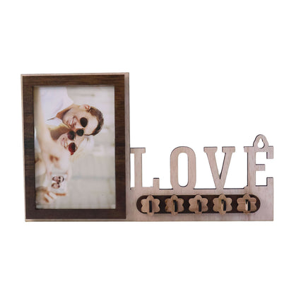 Wooden Photo Frame Key Holder with LOVE Cutout & 5 Hooks – 8 x 12 Inch