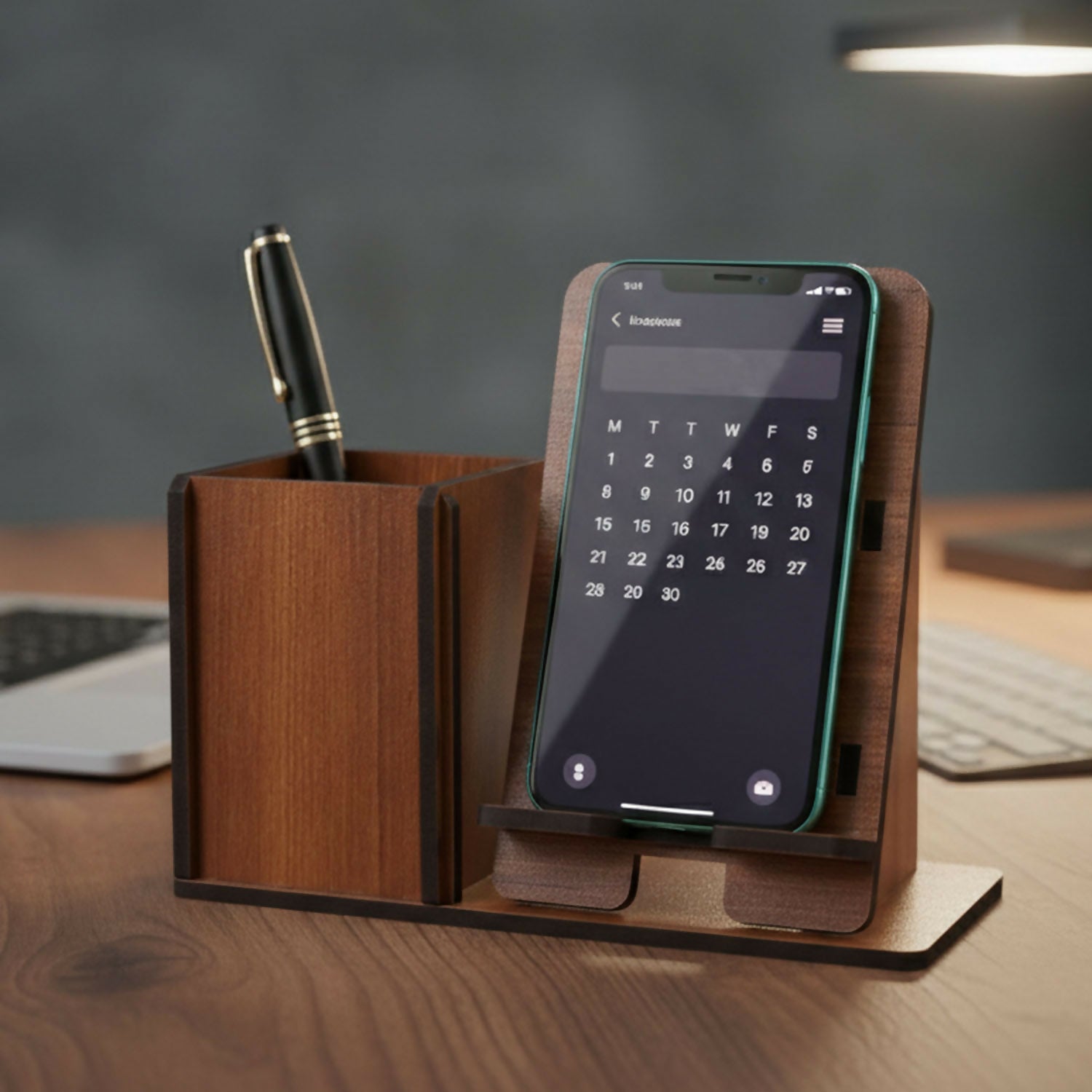 Close-up of wooden desk organizer storage compartment
