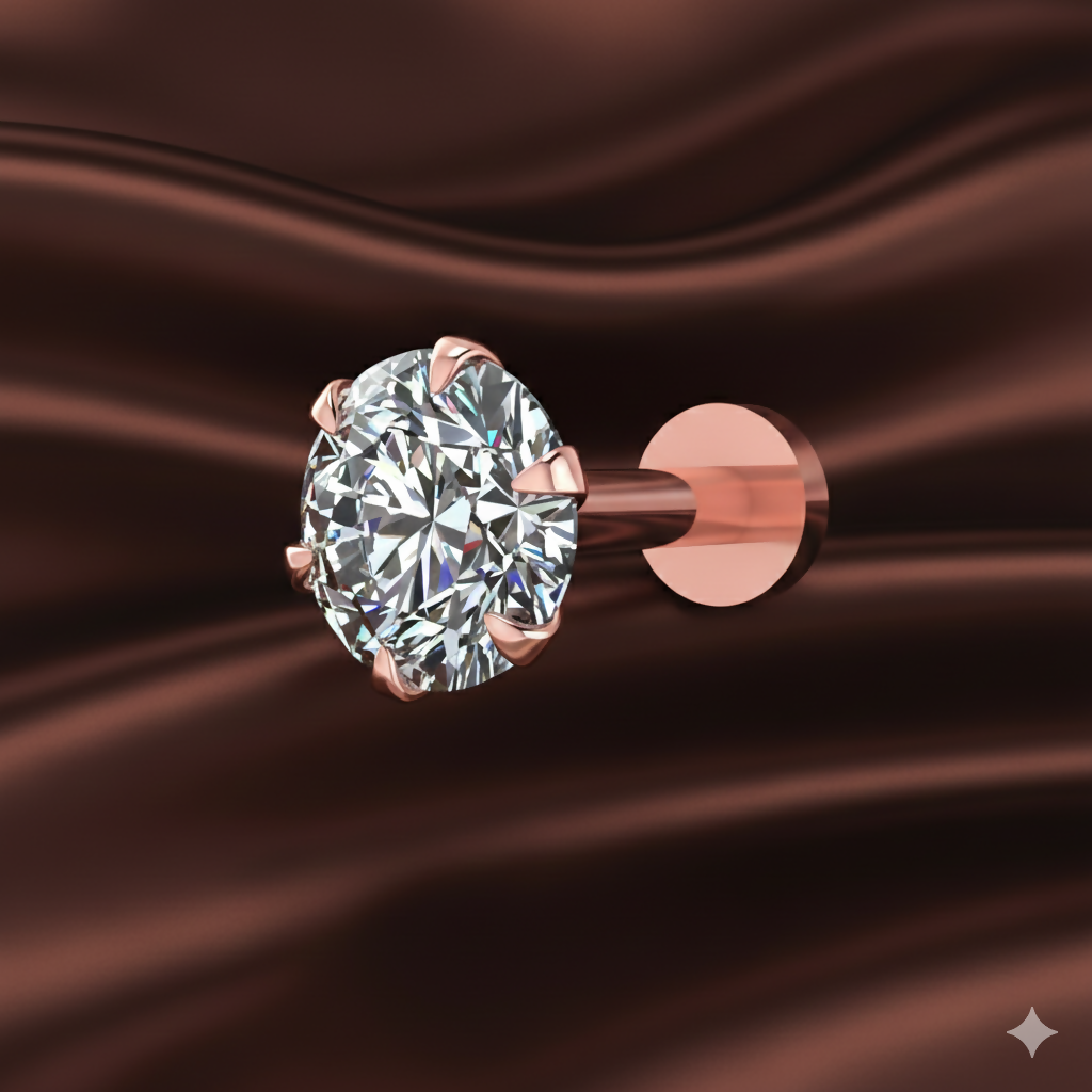 Close-up of rose gold plated flat back stud earrings featuring solitaire AD stone